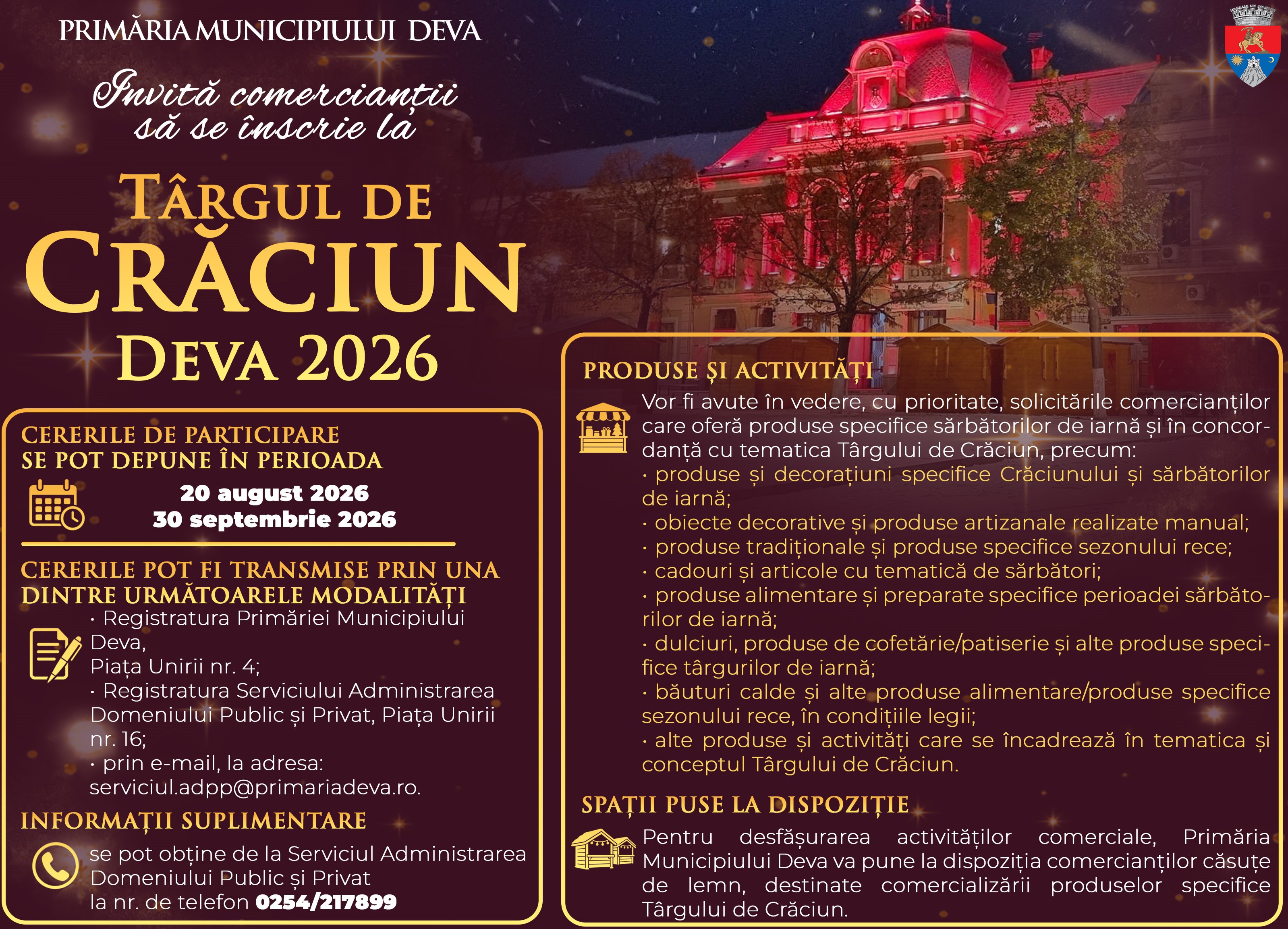 Primăria Municipiului Deva invită comercianții interesați să depună cereri pentru participarea la Târgul de Crăciun Deva 2026