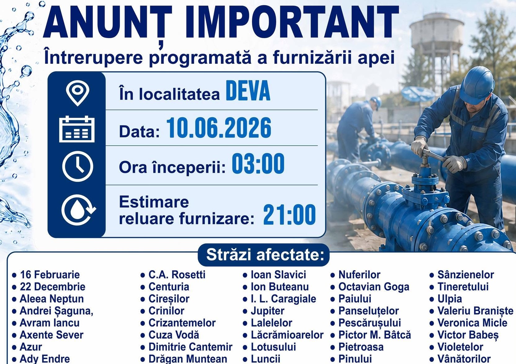 Anunț important pentru cetățeni: Furnizarea apei va fi sistată în localitatea Archia și pe numeroase străzi din Deva