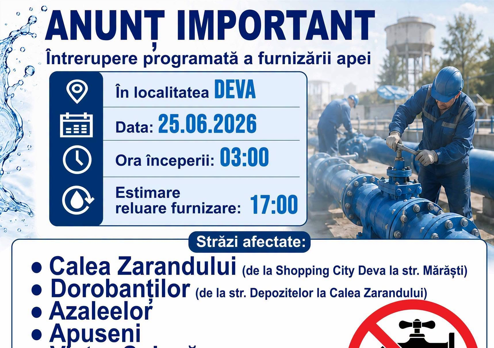 Ștrandul Municipal Deva va fi închis mâine, joi, 25 iunie 2026, din cauza întreruperii furnizării apei potabile