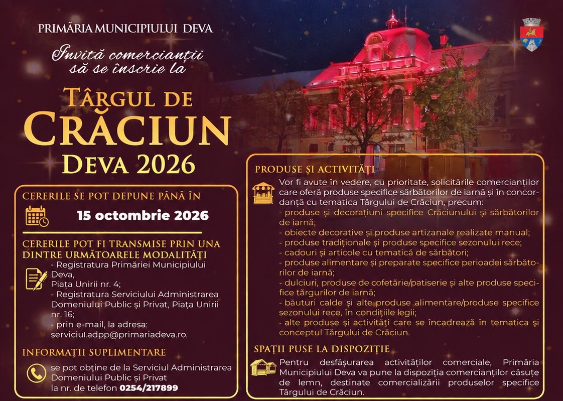 Primăria Municipiului Deva prelungește termenul de depunere a cererilor la Târgul de Crăciun Deva 2026