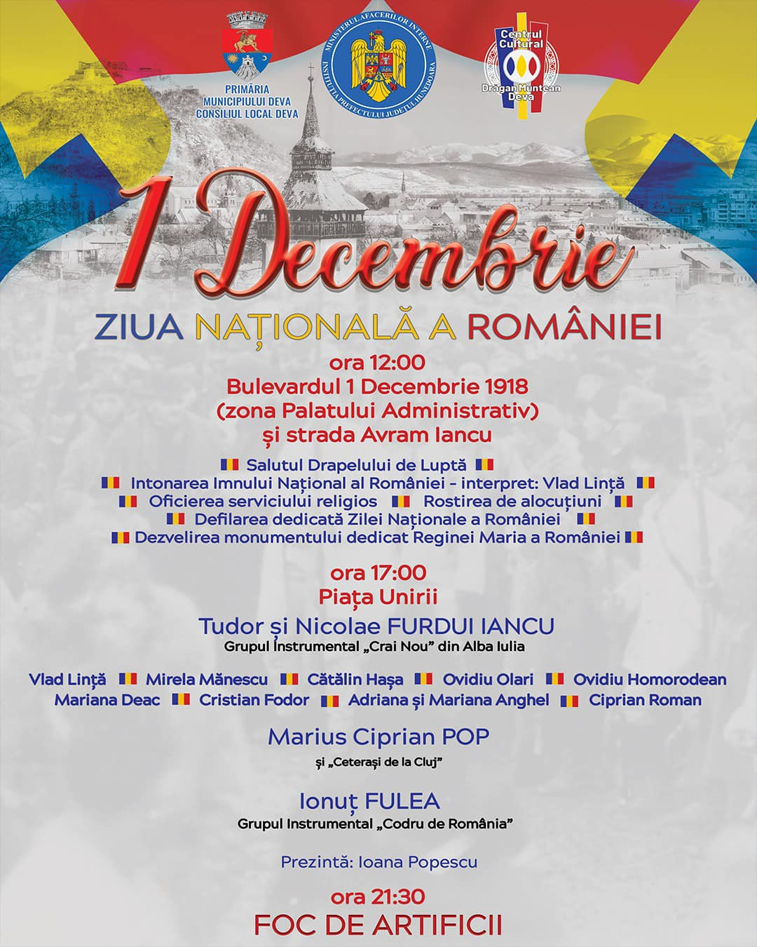 Ziua Națională a României va fi marcată la Deva printr-un spectacol extraordinar: „Uniți sub tricolor!”